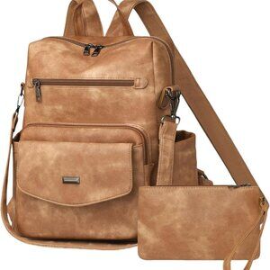 Women's Leather Travel Backpack Purse Organizer Convertible Work Handbag Apricot
